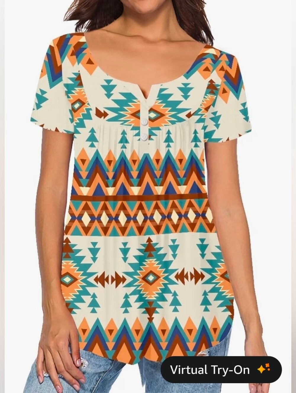 Womens Short Sleeve Boho Western Button Neck Blouse Geometric Print Size Large